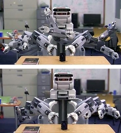 In these time-lapse photos, a robot is guided by two different algorithms as it attempts to grasp a coffee cup on a desk. In the first (top), the robot flails about randomly before reaching toward the cup. But when it runs a new algorithm designed by MIT researchers (bottom), its movements are much more efficient and predictable.