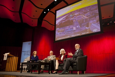 From left, MIT President Susan Hockfield, Provost L. Rafael Reif, Executive Vice President and Treasurer Theresa Stone and Chancellor W. Eric Grimson speak during the forum.