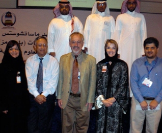 Professor Richard Larson and Elizabeth Murray, center, pictured with the MIT BLOSSOMS team in Saudi Arabia, where they held a BLOSSOMS workshop this past July for 200 high school teachers.