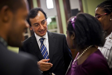 Fariborz Maseeh ScD ’90 talks with students and guests at the official dedication of the new dormitory that bears his name.