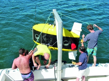 People on a boat lowering a submersible vehicle
