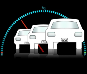 Illustration of three white cars in a line, against a black background. 