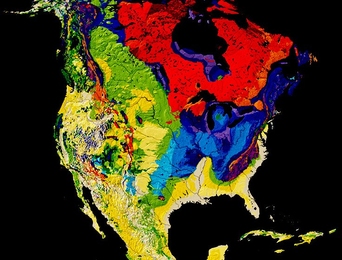 Geologic map of United States decribing bedrock types and age of bedrock formations. Age of bedrock, from youngest to oldest, is indicated by color change: yellow, green, blue, red.