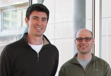 Leaders for Global Operations student David Linders, left, and MBA student Jon Bloom are working on a device to head off foot problems in diabetics.