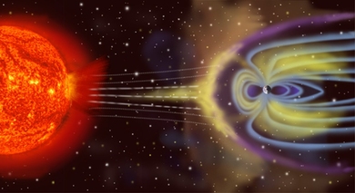 An artist's rendition of Earth's magnetosphere. A magnetic tail, or magnetotail, is formed by pressure from the solar wind on a planet's magnetosphere.
