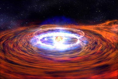 Plasma from a neighboring star gets pulled into the orbit of a neutron star, where it slams into the stellar surface, creating thermonuclear explosions.