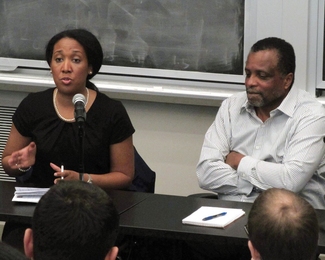 Andra Gillespie, a political scientist at Emory University and an MLK visiting associate professor at MIT for the 2011-2012, and J. Phillip Thompson, an associate professor in MIT’s Department of Urban Studies and Planning, at a panel discussion on Thursday on 'The Future of Black Politics.'
