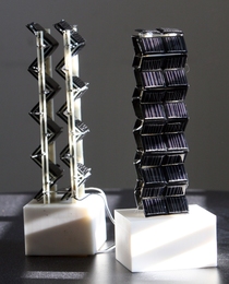 Two small-scale versions of three-dimensional photovoltaic arrays were among those tested by Jeffrey Grossman and his team on an MIT rooftop to measure their actual electrical output throughout the day.