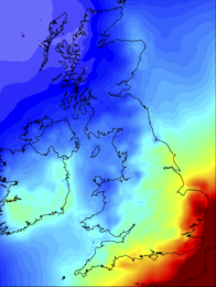 A map plots the distribution of combustion emissions that have migrated into the United Kingdom from the rest of Europe. Higher concentrations, in red, can be found on the outskirts of the country.