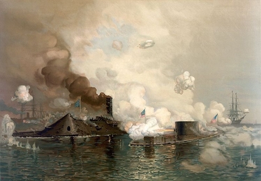 "The Monitor and Merrimac: The First Fight Between Ironclads," a chromolithograph of the Battle of Hampton Roads, produced by Louis Prang & Co., Boston.