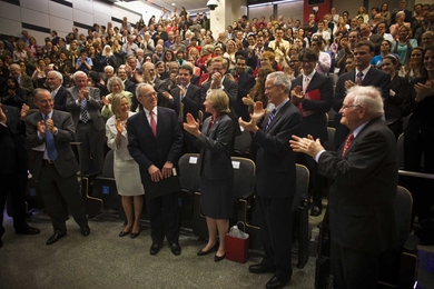 MIT President-elect L. Rafael Reif receives a standing ovation at a community event on Wednesday, May 16. 
