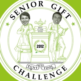 Many of the Senior Gift campaign's posters used a logo featuring student chairs Zac Dearing and Davey Hunt.