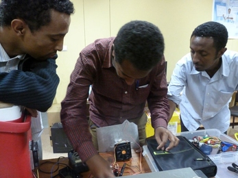 Engineers at the Addis Ababa Institute of Technology in Ethiopia conduct tests on a CoolComply prototype.
