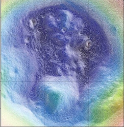 High-resolution map showing the topography in the interior of Shackleton crater as observed by the Lunar Orbiter Laser Altimeter.  Contours of elevation are plotted every 5 meters (16.5 feet). Colors show relative elevation with purple lowest and yellow highest. The crater is 4.1 kilometers (2.6 miles) deep. The spatial resolution of the topography is 10 meters and the radial accuracy is <1 meter.