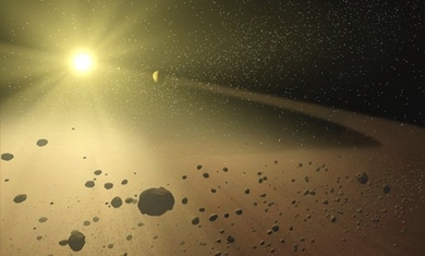 An artist's rendition of the asteroid belt.