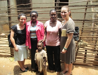 Marisa Gerla, left, and Mary Anito, right, visiting a local poultry enterprise in Mbarara, Uganda with Sarah Nabachwa, second from left, and Jacinta Nshemereirwe, third from left, of the Sustainable Household Income Project.
