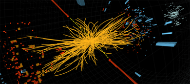 A proton-proton collision event in the CMS experiment producing two high-energy photons (red towers). This is what is expected to be seen from the decay of a Higgs boson but it is also consistent with background Standard Model physics processes.
