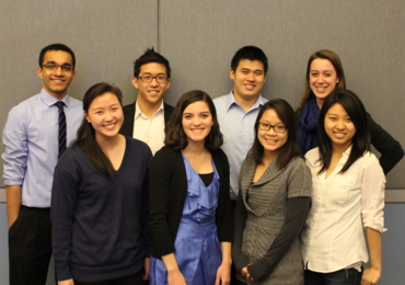 A dynamic group of MIT undergraduates with diverse leadership experiences forms Four Consulting, including (from left to right) Shreesh Naik, Allison Park, Carter Chang, Paula Gonzalez, Albert Kao, Moya Chin, Sarah Simon and Ruisi Shang.