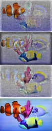 A new glasses-free 3-D video system uses three layered LCD panels displaying bizarre patterns (top three images) that collectively produce a coherent, high-resolution, multiperspective 3-D image. The bottom image illustrates, roughly, the composite image that would reach one eye at one viewing angle.