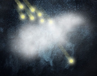 An artist's conception shows how any number of incoming photons (top) can be absorbed by a cloud of ultra-cold atoms (center), tuned so that only one single photon can pass through at a time. Being able to produce a controlled beam of single photons has been a goal of research toward creating quantum devices.