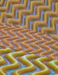 Images taken with a 3-D microscope show wrinkled surfaces produced using a method developed by the MIT team. The size, spacing and angles of the wrinkles vary depending on how much the original underlying surface was stretched, and how the stretching was released.