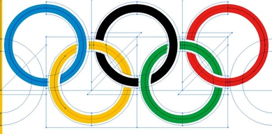 Olympics symbol with five rings. A light blue outline around rings and various angles intersect in ring centers.