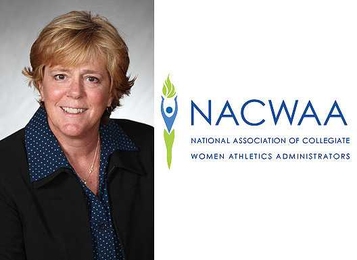 Julie Soriero portrait, left, with text "NACWAA: National Association of Collegiate Women Athletics Administrators" on right.