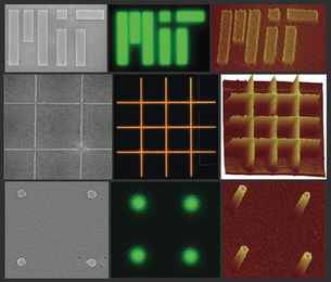 Images of nanopatterned films of nano crystalline material produced by the MIT research team. Each row shows a different pattern produced on films of either cadmium selenide (top and bottom) or a combination of zinc cadmium selenide and zinc cadmium sulfur (middle row). The three images in each row are made using different kinds of microscopes: left to right, scanning electron microscope, optical ...