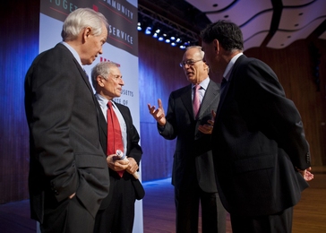 MIT President L. Rafael Reif, second from right, talks with, from left, Magnanti, Moavenzadeh and Crawley after the session.