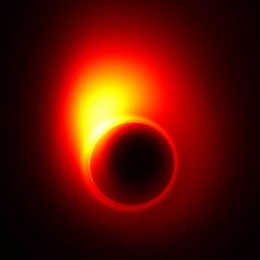 This image, created using computer models, shows how the extreme gravity of the black hole in M87 distorts the appearance of the jet near the event horizon. Part of the radiation from the jet is bent by gravity into a ring that is known as the 'shadow' of the black hole.