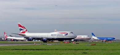 Planes await takeoff at London's Heathrow Airport.