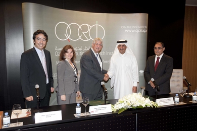 The official signing ceremony for the new research collaboration between CSAIL and QCRI. From left to right: Abdellatif Saoudi, managing director, QCRI; Daniela Rus, director, CSAIL; Philip Khoury, Associate Provost, MIT; Faisal Al Suwaidi, president of research and development, Qatar Foundation; Ahmed Elmagarmid, executive director QCRI.