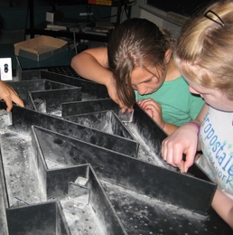 Students adjust mirrors to guide the laser beam through the maze and out the other side.