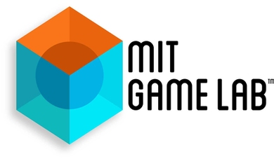 A sphere is in the center of a cube with blue sides and an orange top. The text "MIT Game Lab" is next to the cube.