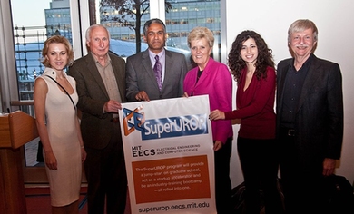 At the reception, Department of Electrical Engineering and Computer Science Head Anantha Chandrakasan introduced some of the key players in the implementation of SuperUROP. The speakers, from left to right, included Dr. Erika N. Angle '04, who with her husband, Colin A. Angle '89, SM '91 (not pictured), support SuperUROP; Analog Devices Chairman and Co-Founder, Ray Stata '57, SM '58;  Chandrakasan...
