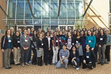 'Rising Stars in EECS' Workshop participants including nearly 40 female scholars from universities across the country and Europe gathered on Nov. 1 and 2 to network and create a pipeline for pathways toward academic careers. MIT Department of Electrical Engineering and Computer Science (EECS) Head Anantha Chandrakasan, who spearheaded the event, also appears in this photo on the Stata Center fourt...