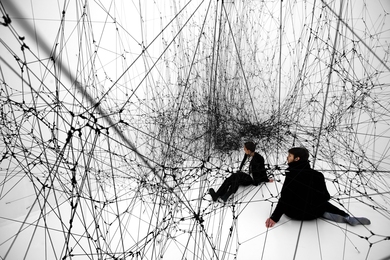 Saraceno&#39;s current installation &#39;On Space Time Foam&#39; at the HangarBiccoca in Milan, Italy. 
