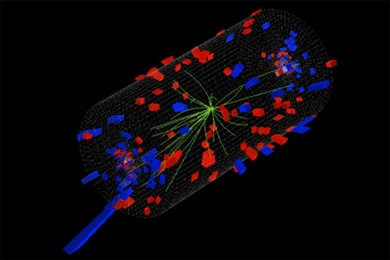 A proton collides with a lead nucleus, sending a shower of particles through the CMS detector.