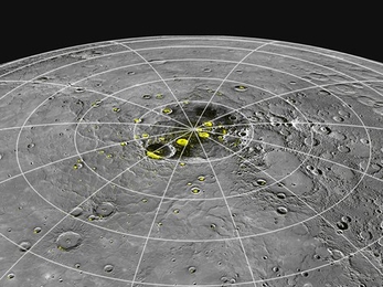 Perspective view of Mercury’s north polar region with the radar-bright regions shown in yellow.