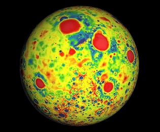 This illustration shows the variations in the lunar gravity field as measured by the Gravity Recovery and Interior Laboratory (GRAIL). Red corresponds to mass excesses and blue corresponds to mass deficiencies.
