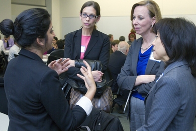 MBA student Bijal Shah shares Lallitara, the endeavor she is piloting to help waste pickers in India gain greater income through access to new markets and design innovations.Pictured from left to right: Bijal Shah, Greta Bouley (Bose Legal), Laura Schroeder (Bose Research), Ryuko Kikuchi, (Bose Automotive Systems Division – Japan).