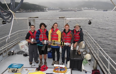 From left to right, Adrian Tanner, David Wise, Jacqueline Sly, Tommy Moriarty and Ed Moriarty (Tommy’s father) hold their underwater glider on the Jack Cotant boat in Ketchikan, Alaska.