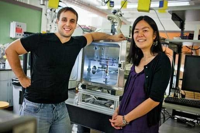 Nenad Miljkovic (left) and Evelyn Wang of Mechanical Engineering are designing a specially adapted solar energy collector that will simultaneously produce electricity and steam or hot water at wide-ranging temperatures suited for home or industrial use. This research was supported in part by the MIT Solid-State Solar-Thermal Energy Conversion Center, an Energy Frontier Research Center funded by th...