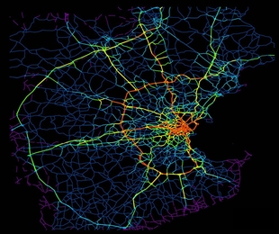 The color of the road segments in this image represents the number of neighborhoods that are major sources of drivers for that segment. Red is more than 100, yellow is 61 to 100, green is 41 to 60, dark blue is 1 to 20 and purple is none.