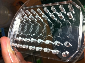 This image shows multiple microfluidic sites in a single system that can be used to conduct many experiments simultaneously.