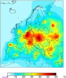The fraction of present-day atmospheric mercury deposition in Europe from European anthropogenic sources, based on the GEOS-Chem global chemical transport model.
