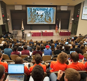 Teams of students watched from MIT's 10-250 auditorium, as astronauts aboard the International Space Station monitored the small, basketball-sized satellites.