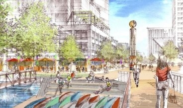 Development along north and east sides of One Broadway with active ground floor uses will further energize the Broad Canal