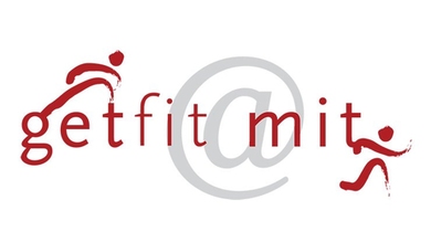 Two running stick figures and text that says "getfit@mit"