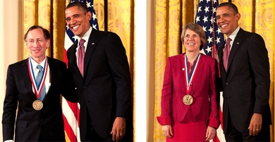 President Obama posed with MIT professors Robert Langer, left, and Sallie Chisholm during Friday's White House ceremony.